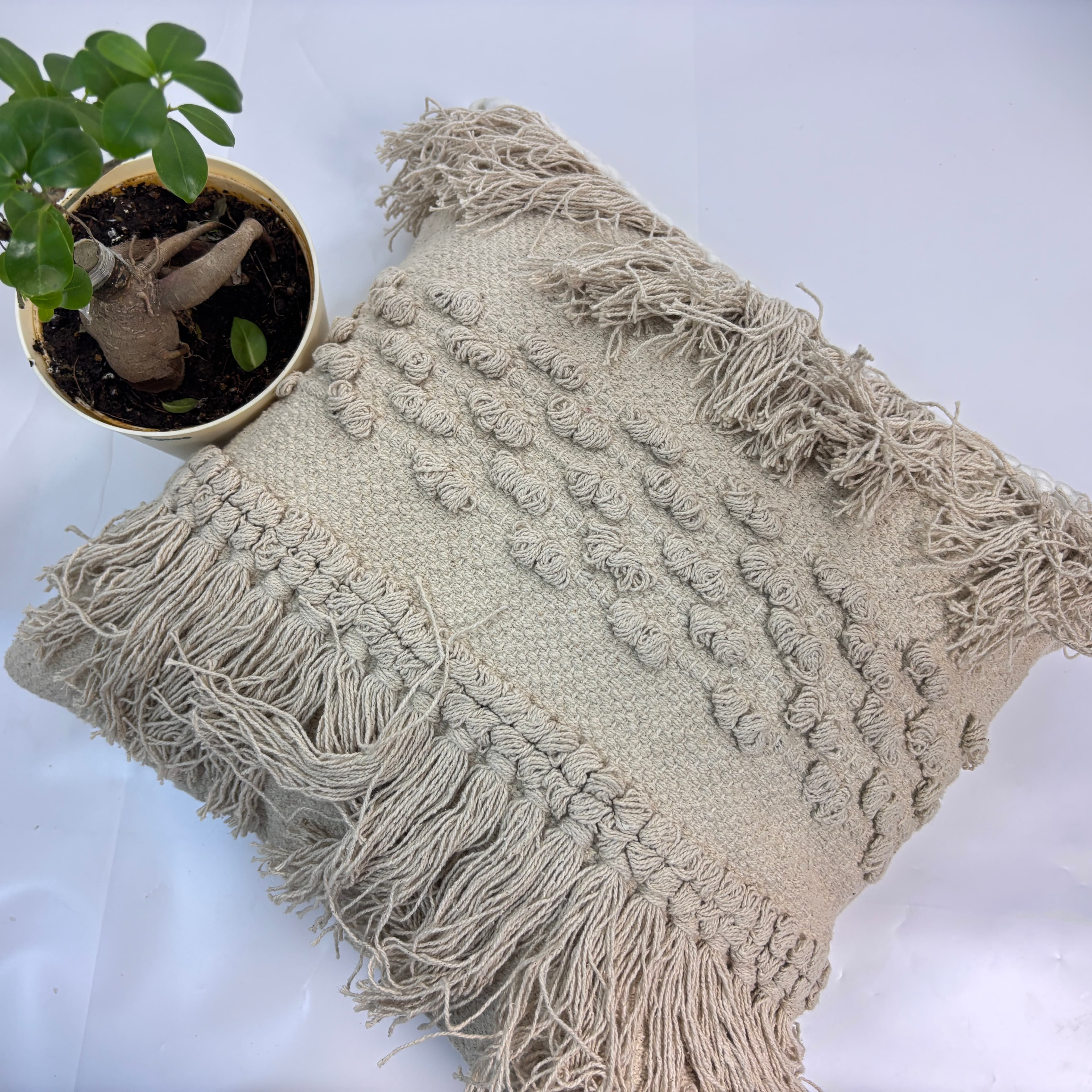 Artisanal Boho Tufted Macrame Cotton Cushion Cover (16x16 Inch)
