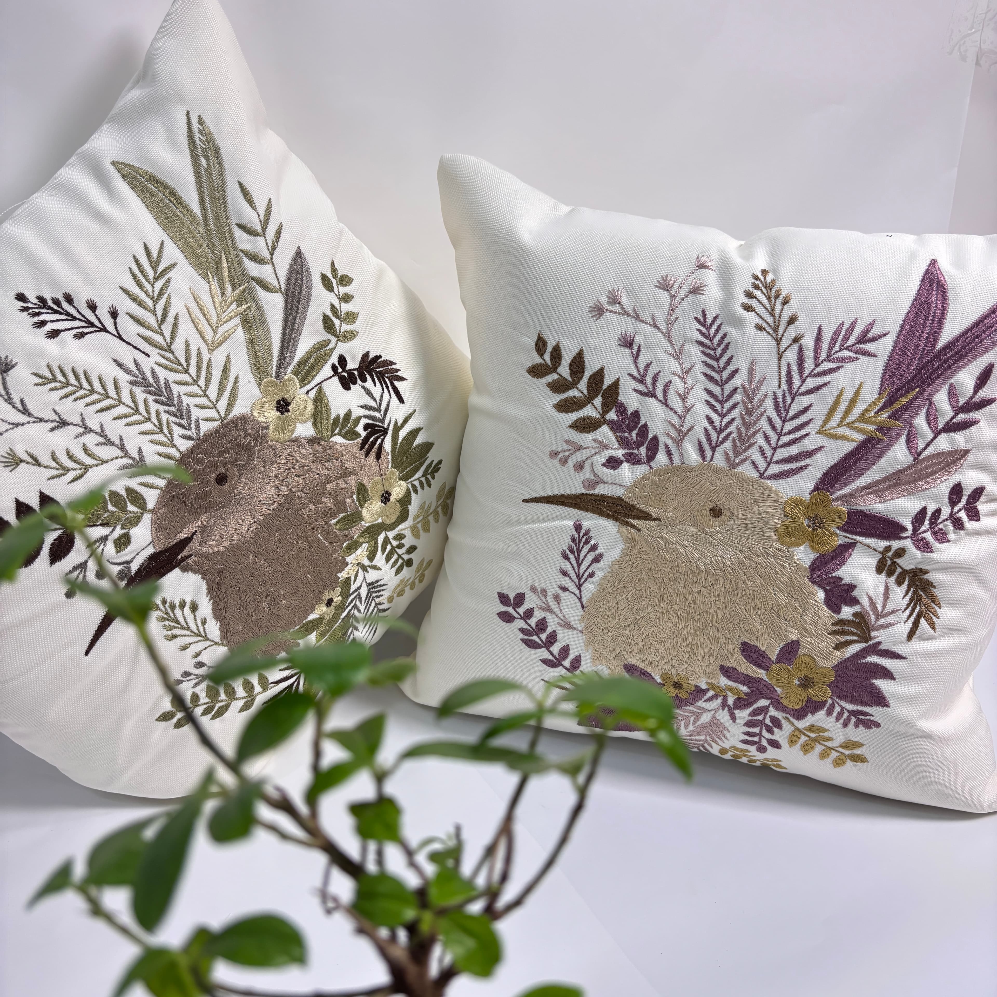 Botanical Bird Embroidered Cotton Cushion Covers (16x16 Inch, Set of 5)