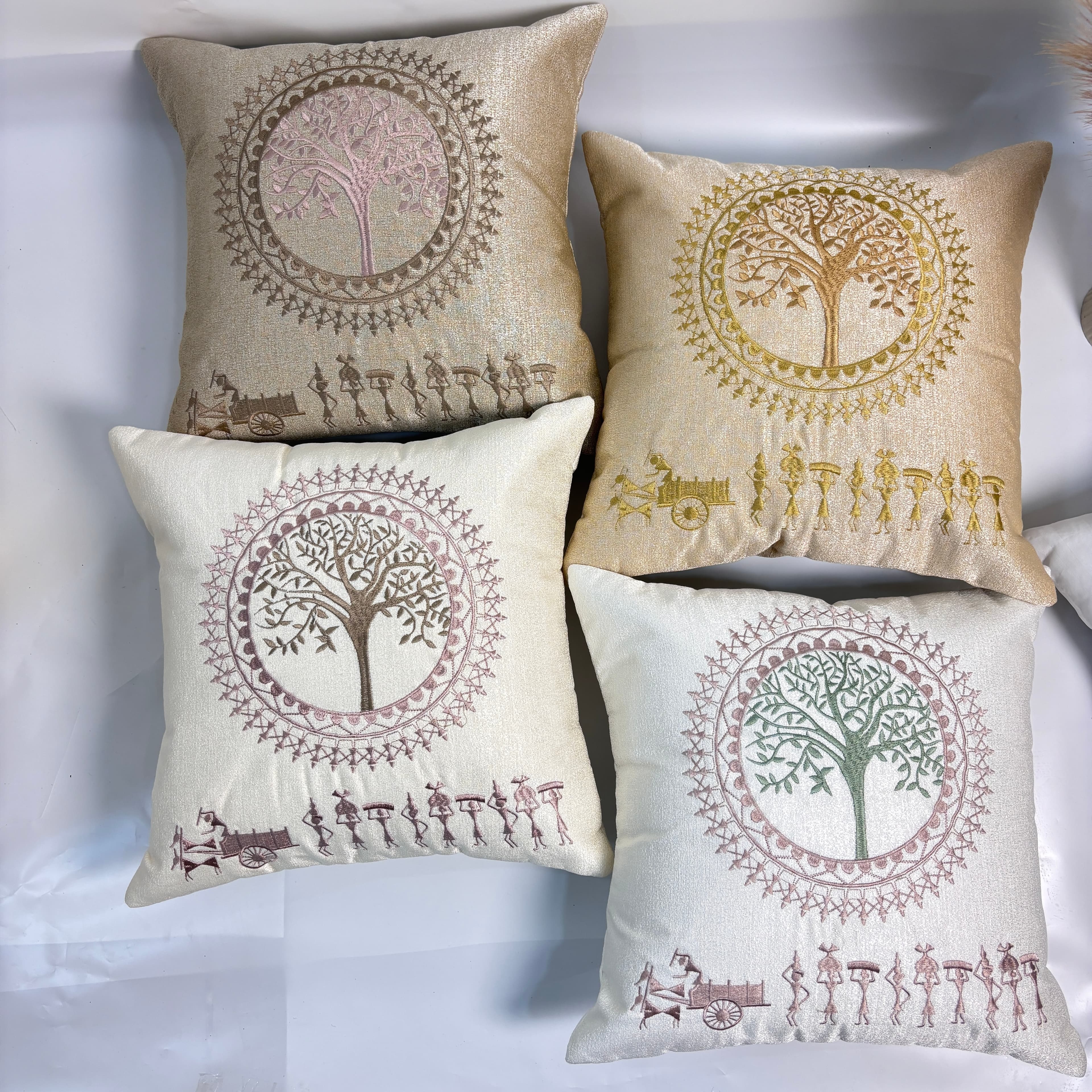 Tree of Life & Warli Embroidered Silk Cushion Covers (16x16 Inch, Set of 5)
